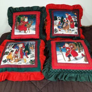 4 Handmade Quilted Christmas Pillows 4 scenes Old Santa Saint Nick Ruffles